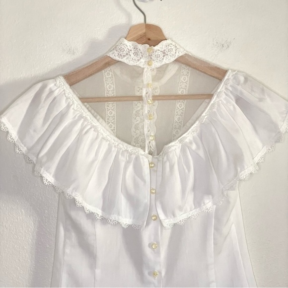 Gunne Sax 70s Vintage Victorian Lace Neck Ruffle Yoke Blouse White XXS - XS - Picture 5 of 13